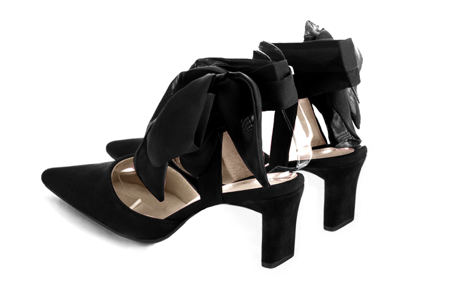 Matt black women's open back shoes, with an ankle scarf. Tapered toe. Medium comma heels. Rear view - Florence KOOIJMAN